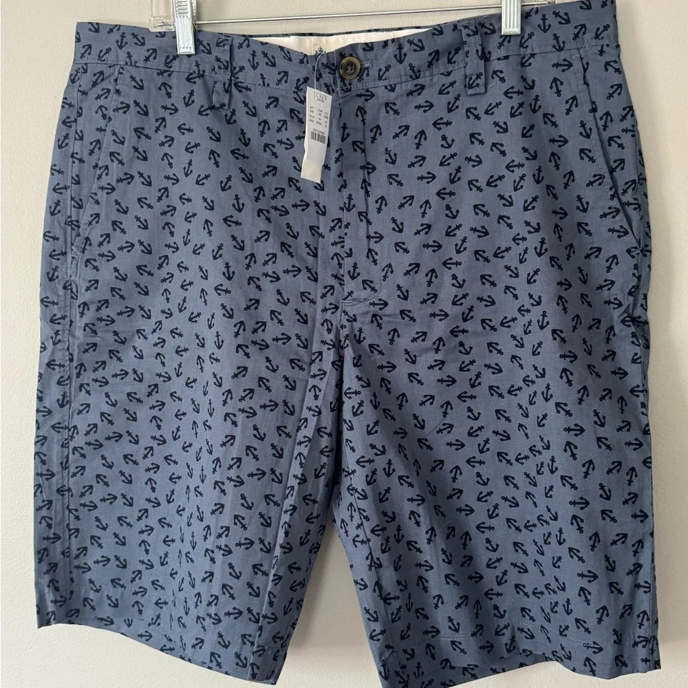NEW Men's J.Crew Rivington Flat Front Cotton Shorts-Size 36 Blue with Anchors
